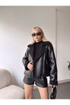 Faux Leather Inside Plush Women's Leather Coat