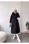 Quilted Lined Gabardine Fur Hooded Women's Coat