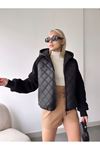 Quilted Fabric Long Plush Sleeve Hooded Women's Coat
