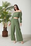 Polyester Fabric Boat Neck Waist Elastic Trousers Women's Double Suit