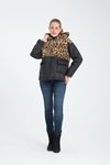 Polyester Ve Leopar Peluş Kumaş Kapişonlu Bel Lastikli Kadın Mont-SİYAH